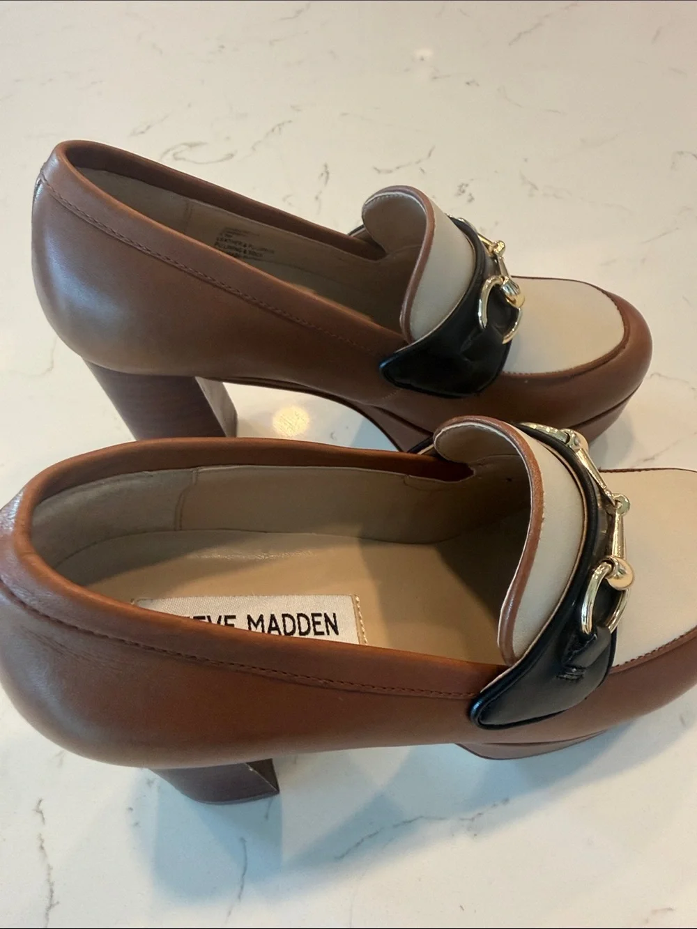 Steve Madden Brown Platform Loafer with Cream Vamp and Black Strap